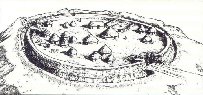 Drawing of a Celtic hill fort showing the round houses within the stockade and very solid-looking gateway