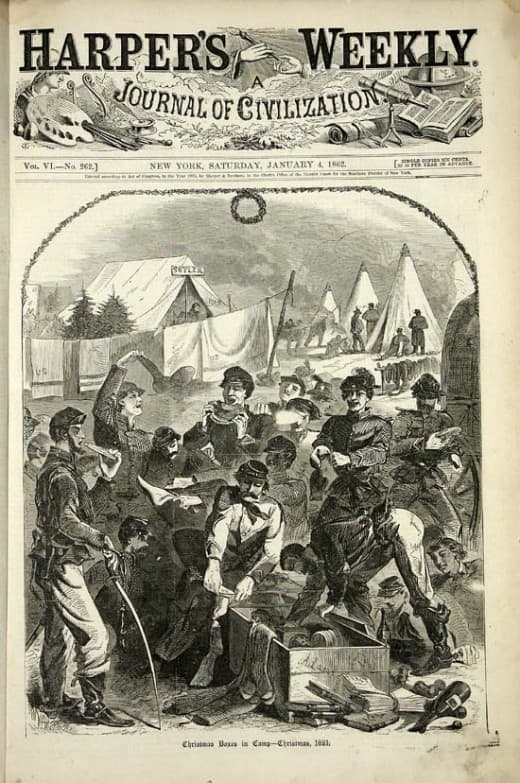A newspaper illustration which shows a care package, most likely made by townsfolk back home, delivered to a Company at Christmas time