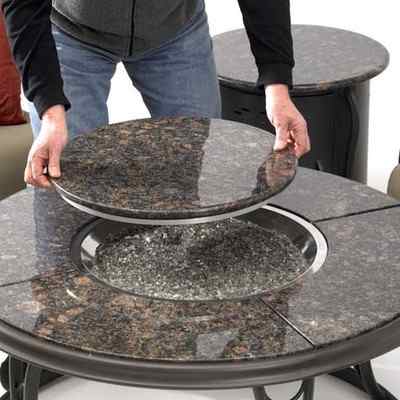 Stone top table with removable fire pit cover that is also a lazy-susan