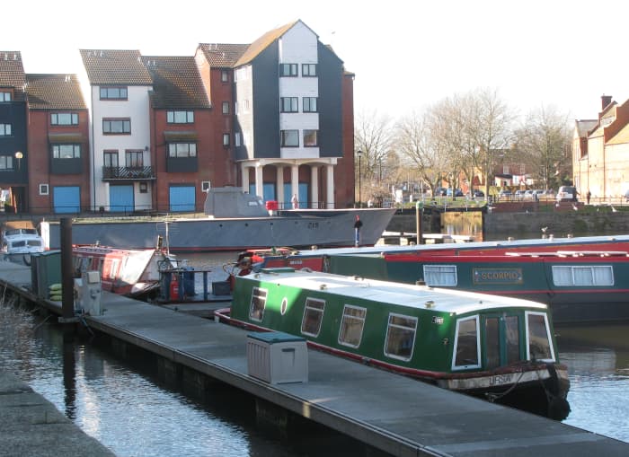 Torpedo Boat alongside Narrow Boats! (the canal entrance is seen to the right of the MTB's prow)