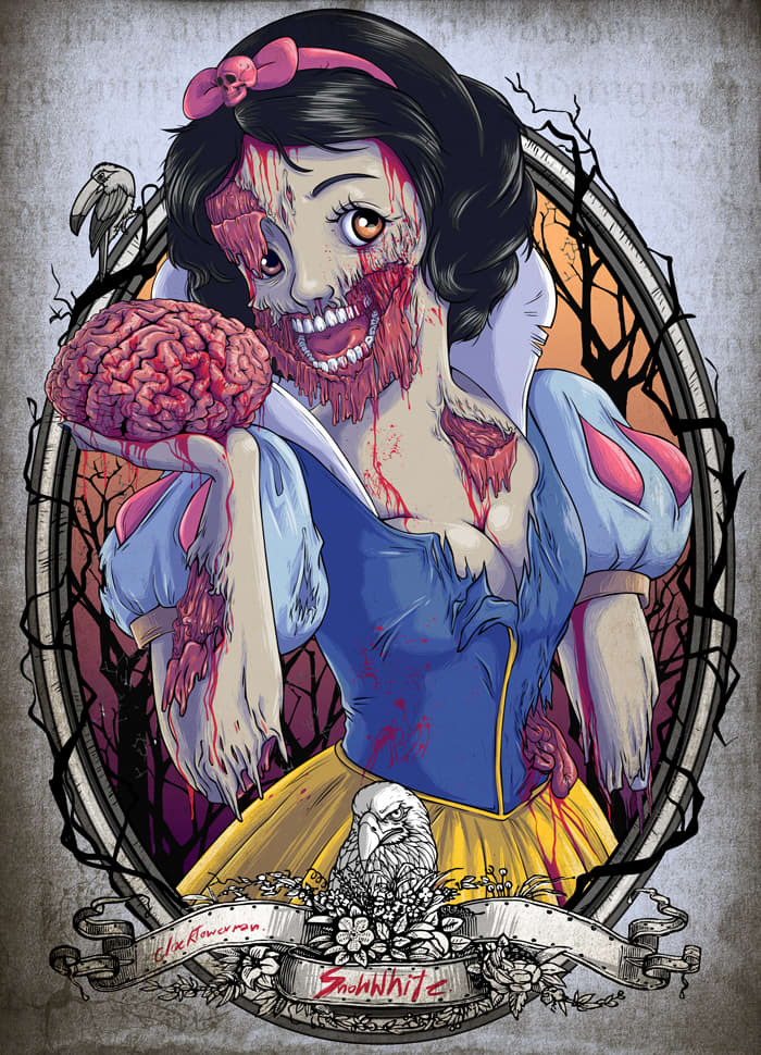 Yet another example of how culture affects fairy tales. I found this image fitting as we are picking apart the tale of Snow White to have an image of her picked apart as a zombie.