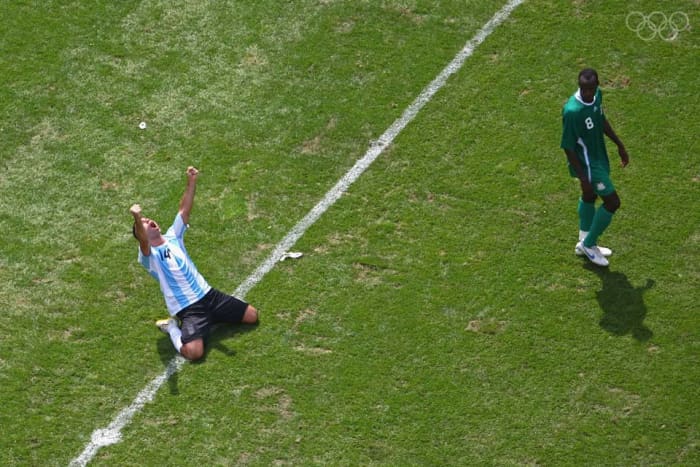 Javier Mascherano celebrates as Argentina wins the gold medal. Mascherano also won gold at the 2004 Summer Olympics.