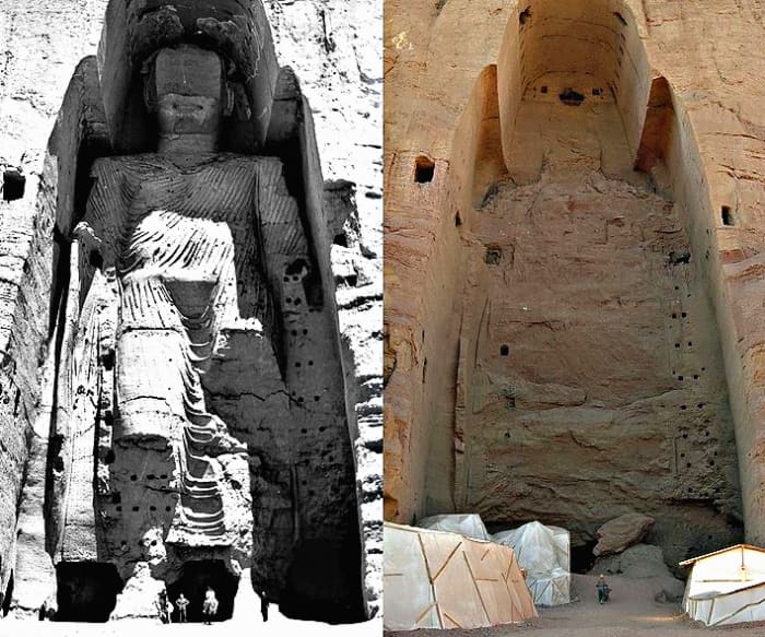 A composite of two photos - before and after the destruction of the Bamayin Buddhas. The photo on the left was taken in 1963. The photo on the right was taken after the destruction of the statue in 2001