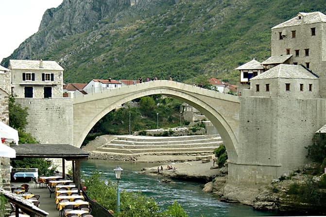 The reconstructed Stari Most in 2005, rebuilt using original stone recovered from the river as well as local quarried stone