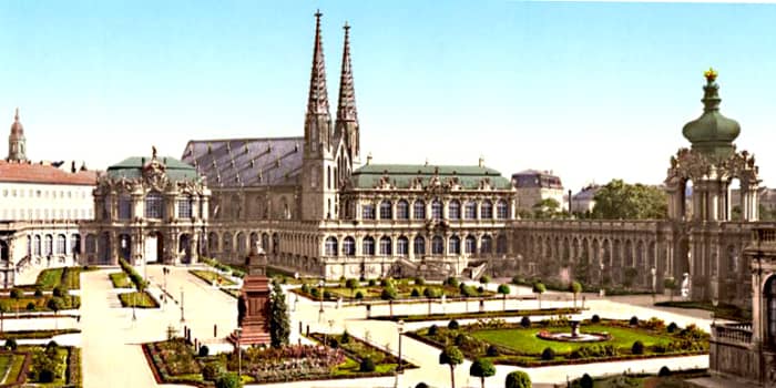 The 14th century Saint Sophia's Church in Dresden - one of the oldest in the city. Heavily damaged by British bombers in 1945 and then demolished by the East German Government in 1962. An original colourised photograph c1885