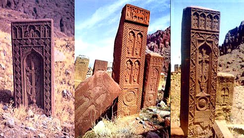 Some of the beautifully carved tombstones from the Julfa Armenian Cemetery in Azerbaijan. Destruction of the cemetery was a way of eradicating evidence of any historic Armenian presence in the region - another example of 'cultural cleansing'