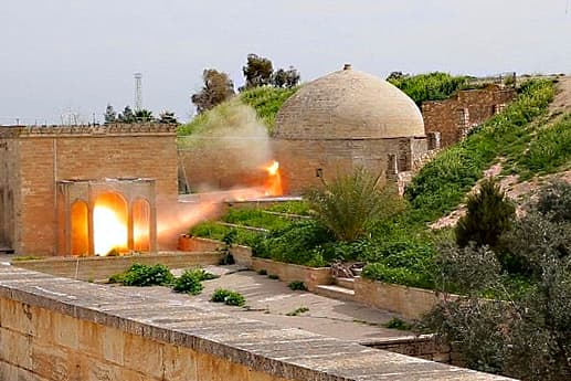 The moment when ISIL blew up the tomb complex of the12-13th century Monastery of Mar Behnam near Qaraqosh in Iraq. This important site featured 4th century tombs and ancient inscriptions