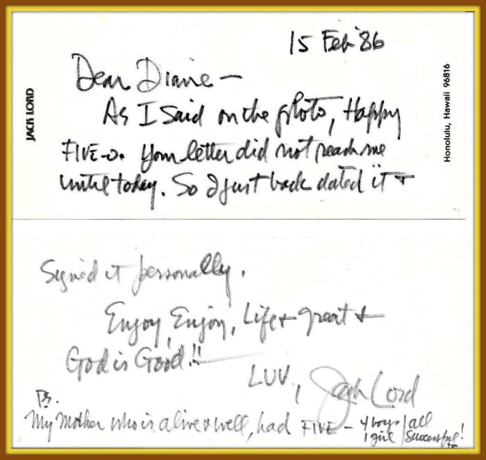 Messages on the back and a two-sided note hand-written on his note card. Diane told him she was the Mother of 8 children...he wrote that his Mother had 5, four boys and one girl. The envelope mailed from Honolulu, dated Feb 17, 1986