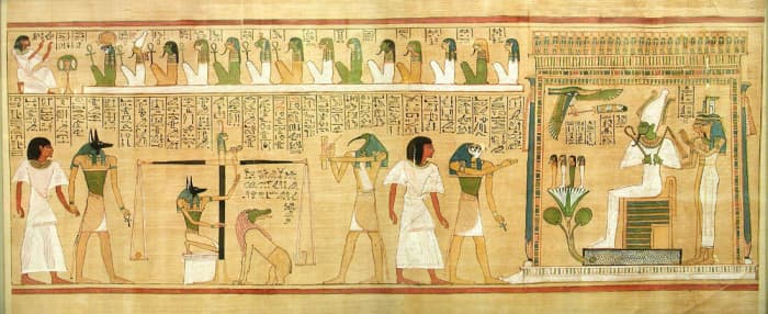 Egyptian depiction of weighing of the heart at The Judgement to determine what the afterlife will be.