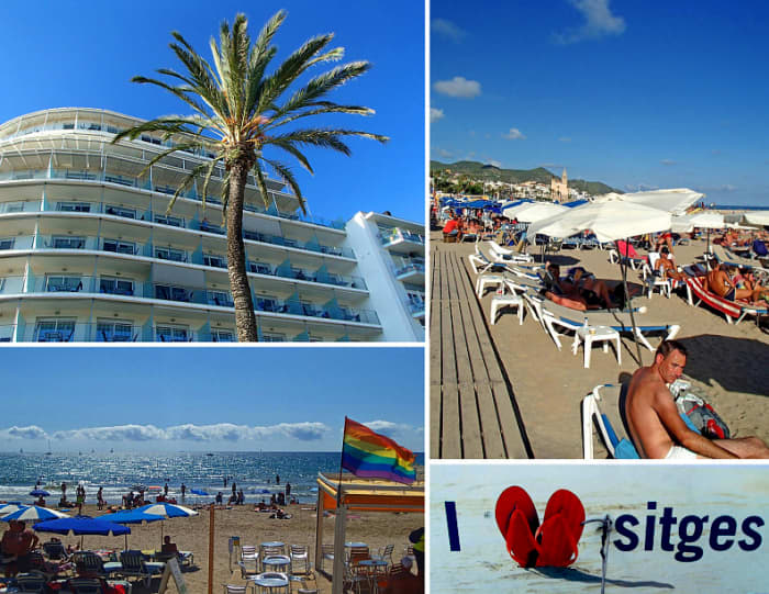 Clockwise from top left: Hotel Calipolis; sun loungers; sign on beach wagon; gay beach.
