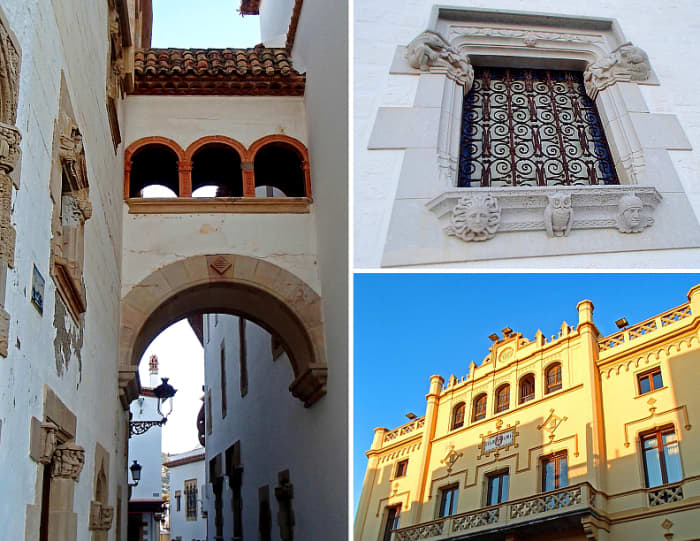 Clockwise from left: Palau de Maricel; architectural details on palace's window; Town Hall Casa de La Vila.