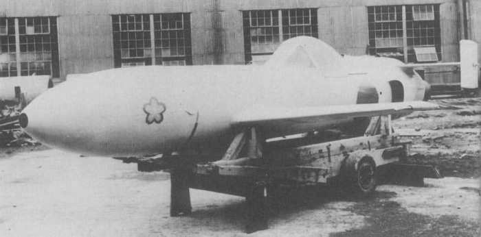 Japanese Yokosuka MXY7 Ohka ("Cherry Blossom"), a specially built rocket-powered kamikaze aircraft used towards the end of the Second World War. It was the most feared of the kamikazes because there was no defense against it.