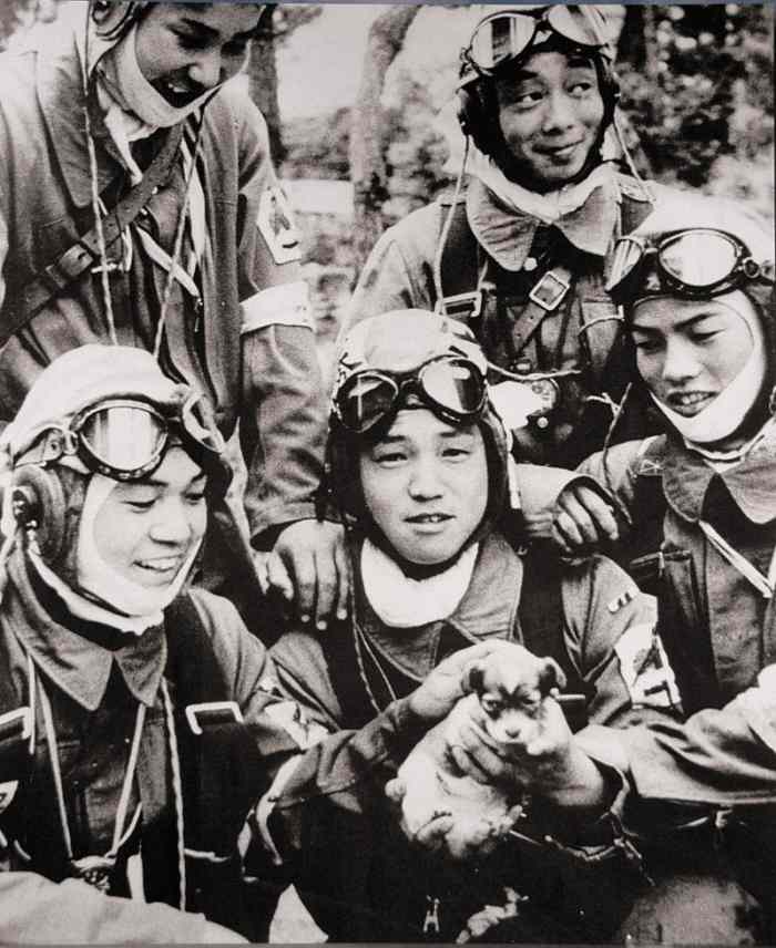 May 26, 1945 Corporal Yukio Araki, holding a puppy, and four other pilots of the 72cnd Shinbu Squadron at Bensei, Kagoshima, Araki died the following day, in a suicide attack on ships near Okinawa.