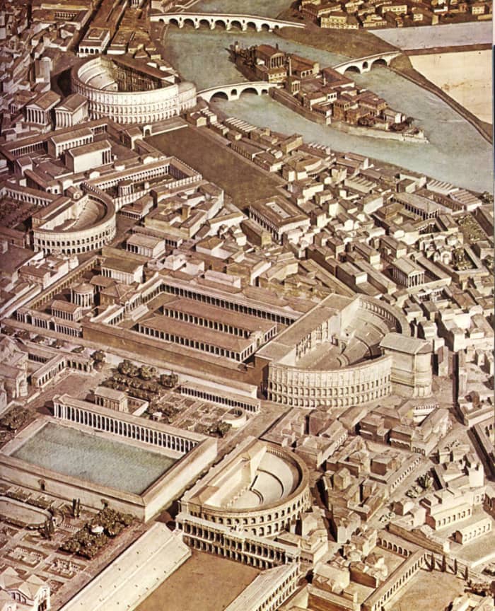Model of the ancient Campus Martius around AD 300. Included porticoes Octavia (built after sister, promoting family) and Argum Nortem (Depicts Agrippa's victory of Actium)