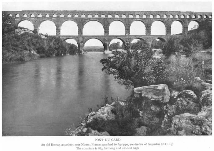 An old Roman aqueduct near Nimes, France, ascribed to Agrippa, son-in-law of Augustus (19 BCE). The structure is 883 feet long and 160 feet high. Source: Cast Iron Pipe, Standard Specifications Dimensions and Weights, 1914 (Burlington, New Jersey: US
