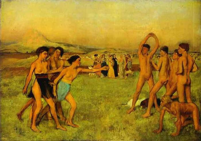 After Plutarch, who tells about the ancient Spartan legislator Lycurgus. Lycurgus urged the Spartan girls to engage in wrestling. Here they urge the boys to fight. circa 1860. By Edgar Degas
