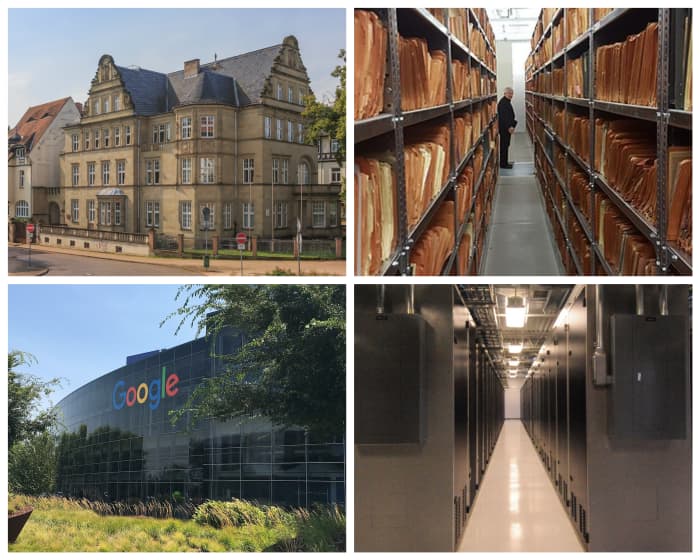 The top images are of the Stasi files and the building they are housed in. The bottom images are of the contemporary version of a similar system.