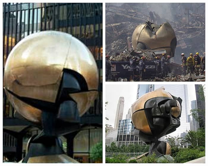 "World Peace Through Trade" Left photo before 911. Top right photo after 911. Bottom right photo present placement in Liberty Park.