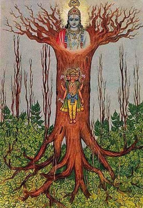 Mystical Banyan Tree of Bhagavad Gita, At the top of the roots, Lord Krishna is illustrated. Below him, there's a human being. His many faces and hands refer to the different phases of life.