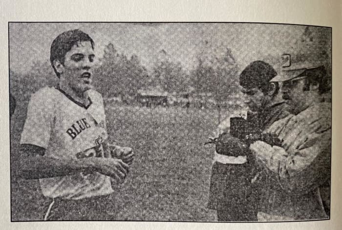 Mike Jackson finishing first place as a sophomore in the District Cross Country Meet, Kiwanis Park, Decatur, IL.