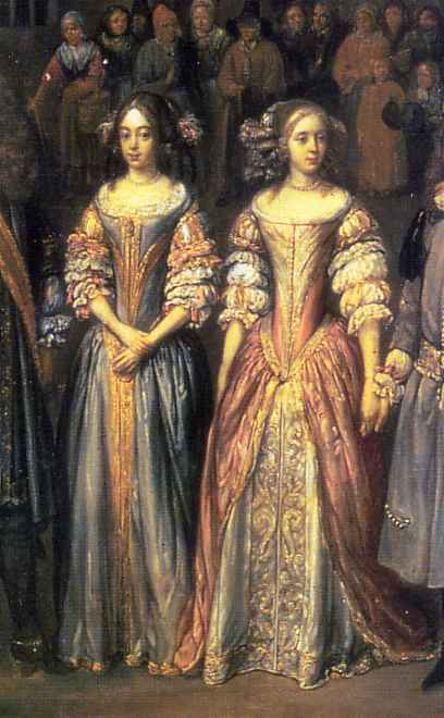 Women with deep V stomachers and virago sleeves circa 1670