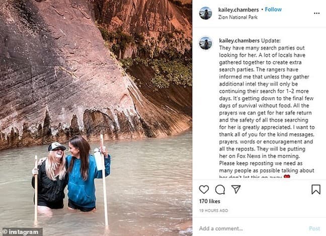 To keep the public updated, Kailey Chambers posted a picture on Facebook of her and her mother at Zion National Park a few weeks before her mother’s disappearance.