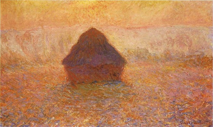 Grainstacks Snow Effect painted by Claude Monet (1890/91). In French - "Meules, effet de neige". Oil on canvas; 65 × 100 cm (25.6 × 39.4 in). Current location: Minneapolis Institute of Arts
