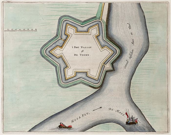Pattern for American Star Forts: Fort De Voorn (Nassau): Drawing from 1649. Fort de Voorn or Fort Nassau, at the junction of the Maas and Waal at Heerewaarden, the Netherlands