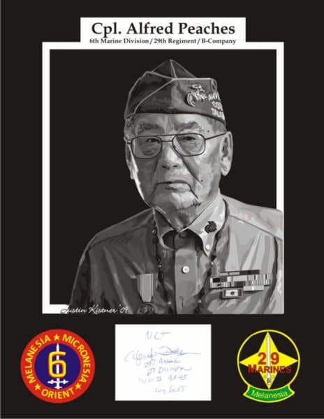 Cpl. Alfred Peaches, Navajo Code Talker (branch of the Marines in WW II)autograph and patches vectored.