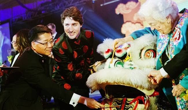 Prime Minister Justin Trudeau and former Mississauga mayor Hazel McCallion celebrate Chinese New Year in Toronto with Dr. Joseph Wong, Founder and Chair of Yee Hong Community Wellness Foundation