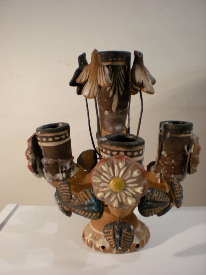Ceiba del Mar, the Mayan Tree of Life in the form of a pottery candlabra from Mexico. The birds represent all beings nesting in the tree of life. Meditation techniques bring the mind to roost on the tree.