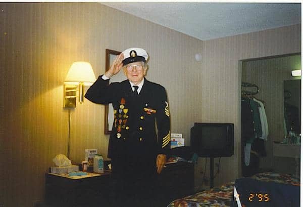 My dad Alan "Jim" Campbell, wore his chiefs uniform at a gathering for the battleship USS North Carolinas, BB-55. 50th anniversary