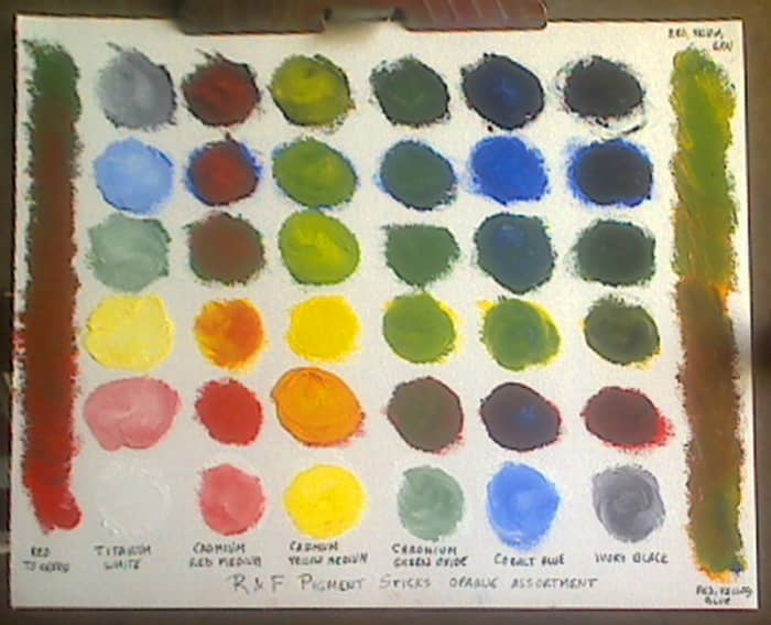 Mixing chart for six color Opaque Assortment of R & F Pigment Sticks by Robert A. Sloan, on 9" x 12" Fredrix canvas pad.