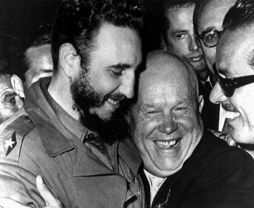 FIDEL CASTRO EMBRACES HIS IDEOLOGICAL BROTHER, NIKITA KHRUSHCHEV, FELLOW SOCIALIST WHO VOWED TO DESTROY THE UNITED STATES OF AMERICA