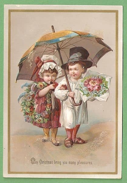 This Victorian Christmas Card from 1885 is in the public domain in the United States because the copyright has expired.
