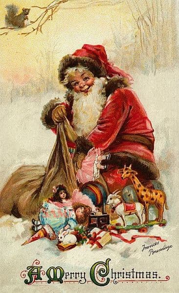 This Christmas card painted by Frances Brundage (1854 to 1937) is in the public domain in the United States because it had a copyright term of life of the author plus 70 years, and the copyright has expired.