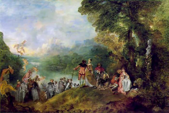 Pilgrimage to Cythera, Jean-Antoine Watteau. This Rococo era painting is expressive of the playfulness and sensuality of the period.