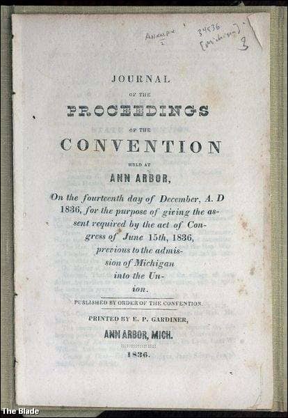 1836 proceedings of the Michigan Territorial Convention, called the Frost-Bitten Convention. Michigan was compelled to accept the terms dictated by Ohio in giving up the Toledo Strip.