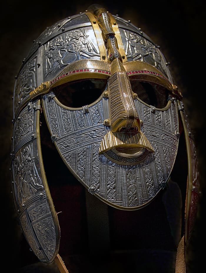 The reconstructed Sutton Hoo parade helm that may have been worn by King Raedwald of the East Aengle