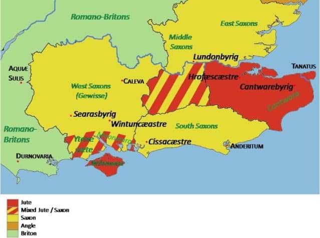 Early settlement by the Jutes in Kent and Wight (red) with their near neighbours the Angles, Mercians and Saxons