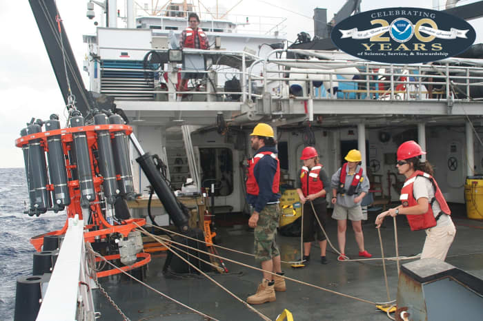 NOAA scientists with AOML’s Physical Oceanography Division and the NMFS Southeast Fisheries Science Center. The collaborative research cruise was part of a new three year interdisciplinary research project aimed at examining how recruitment of larva