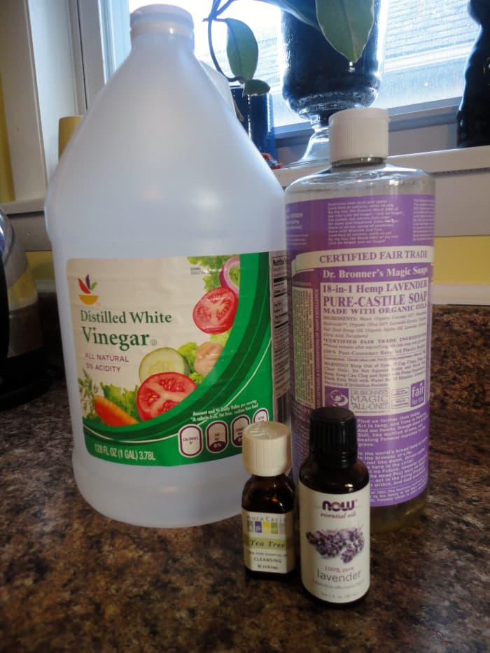 The ingredients you'll need: white distilled vinegar, castille soap, tea tree oil & essential oil (optional).