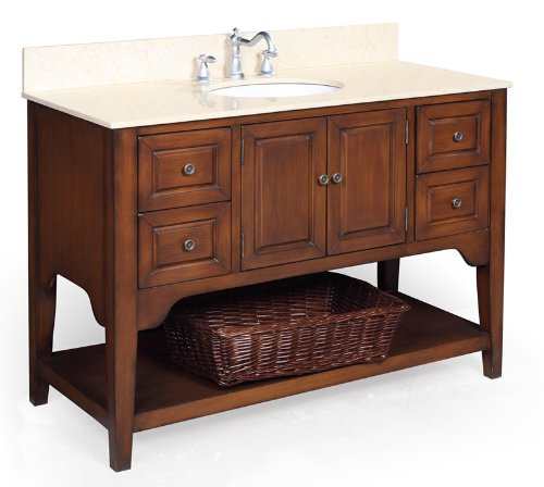 The Washington 48-inch Bathroom Vanity with Travertine Countertop, and a Ceramic Sink will blend in seamlesly in an authentic Craftsman style bathroom