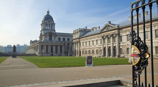 The National Maritime Museum seen from the gates as approached from the DLR and Cutty Sark