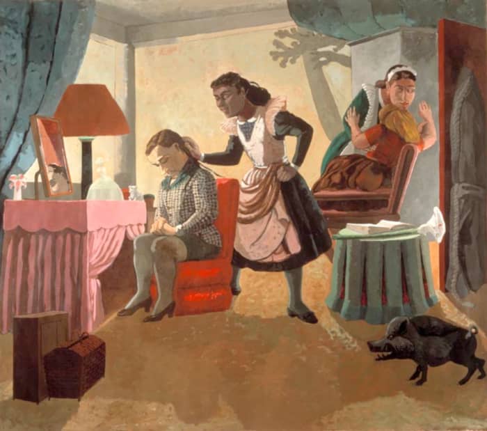 Notice the bright pink dressing table in this painting by Paula Rego.