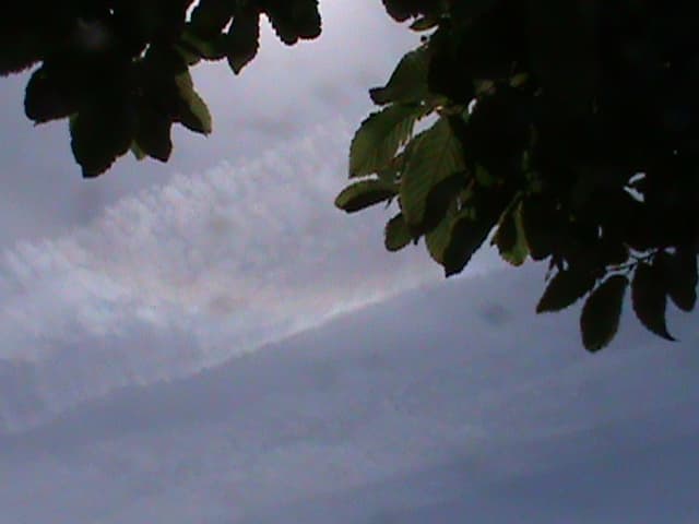 Here we see a photo of the same sun halo through a chemtrail. This is not a chembow, but the same halo as seen above without the chemtrail being present. There is no chembow here.