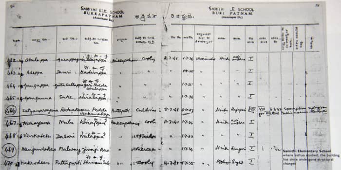 The attendance register from the Bukkapatnam school. Swami's name is recorded as Sathyanarayana Raju (and has been underlined for identification).
