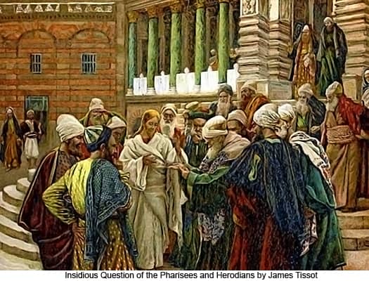 This painting depicts Jesus confronting the religious leaders in his day. Popular understanding suggests it was the Pharisees, but other sources say the Sadducee, which were more in line with the High Priest who served Roman imperial interests.