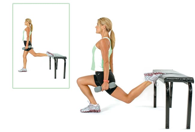 Poster with Pretty Blond with a Long Ponytail Demonstrating the Bulgarian or One Leg Squat with Weights