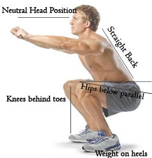 diagram of the proper form of the squat exercise with a man and labels detailing Knees, back and neutral head and weight on heels